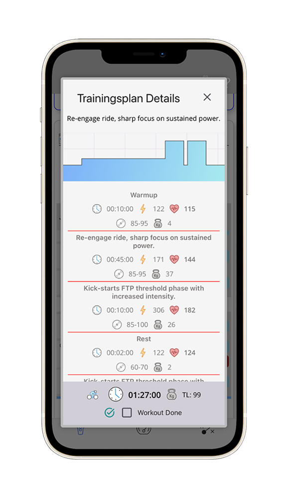 CycleProCut Training Plan Result – Personalized cycling schedule showing performance-driven workout blocks, intensity zones, and weekly progression tailored to user data.